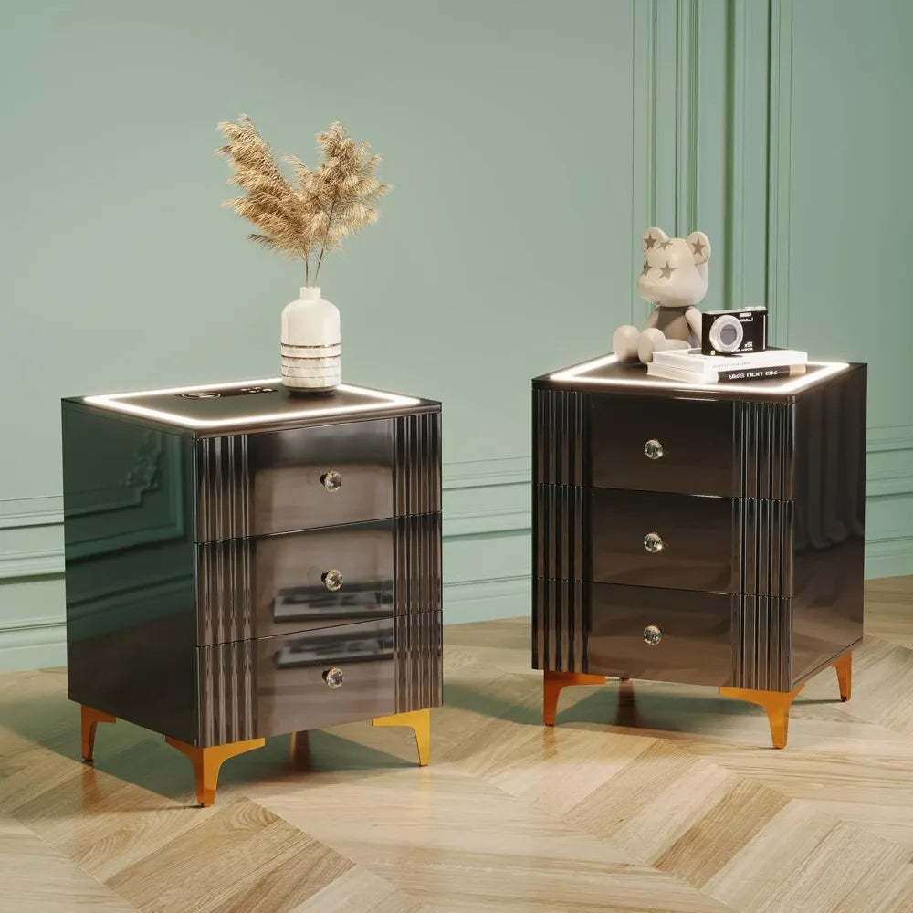 LED Nightstand Set of 2, Night Stand with Wireless Charging Station, Smart Bedside Table with 3 Storage Drawers for Bedroom, Mo