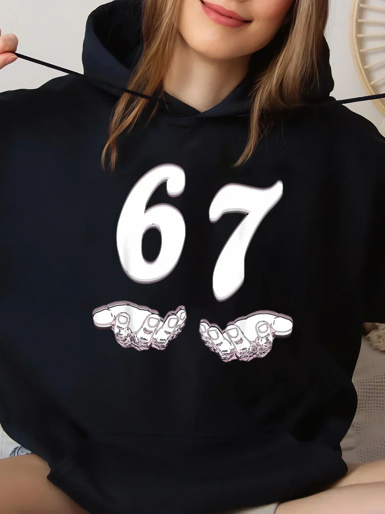 67 Number with Hands Print Halloween Hoodie WoMen's Casual Wear Black Big Size