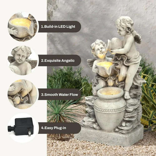 30 Inch Outdoor Water , Resin Angels Water Fountains Indoor and Outdoor with LED Light, 3 Layers Angels and Urn Garden Water