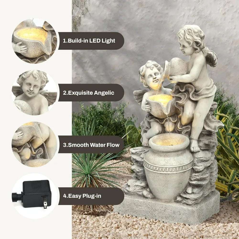 30 Inch Outdoor Water , Resin Angels Water Fountains Indoor And Outdoor With Led Light, 3 Layers Angels And Urn Garden Water