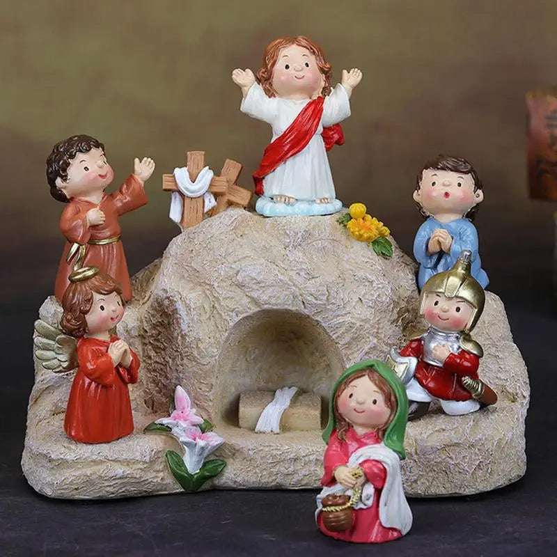 Jesus Figurines And Statues Cartoon Jesus Statue Tomb Set Collectible Figurines 7 Pcs Resin Desk Decor Tabletop Ornament