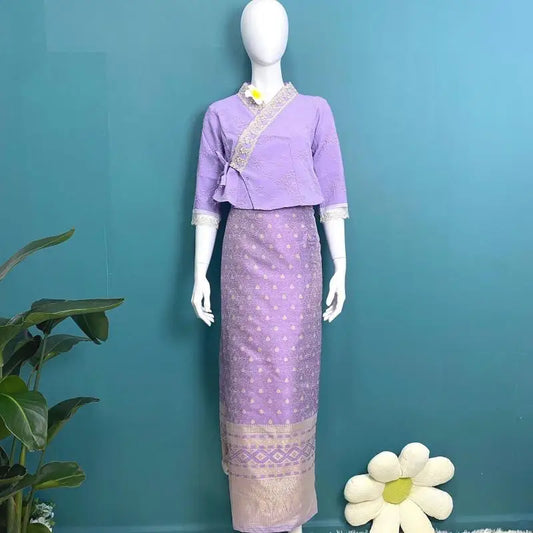 Womenummer Thai Traditional Clothes 2Pcs Set Photography Dance Asian Party Festival Style Costume Travel Thai Shirt and Skirt