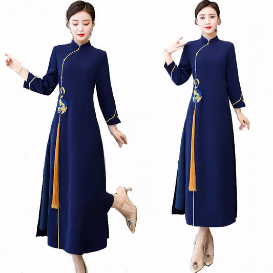 Woman AoDai Vietnam Traditional Clothing Asian Costumes Improved Cheongsam Ethnic Style Embroidered Elegant Robe