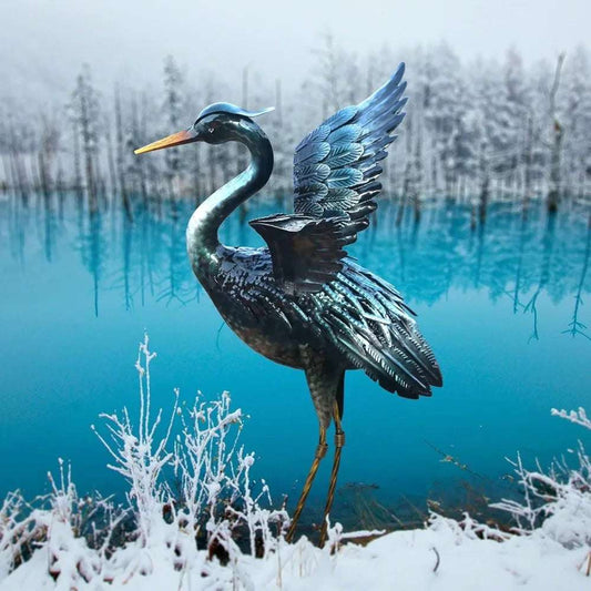 Crane Garden Statue Sculpture, Metal Heron Outdoor Decor, Yard Art Bird Decoy for Backyard Pond Patio Porch Lawn Decorations