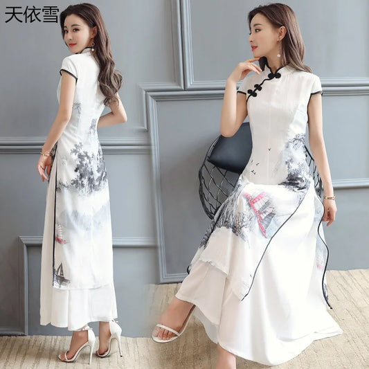 1pcs/lot Summer Elegant Slim Women Painting Cheongsam White Dress Qipao Chiffon Vintage Chinese Style Dress