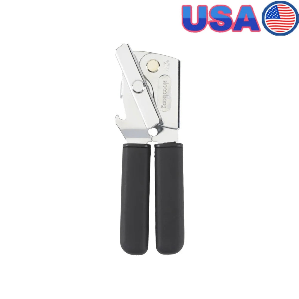 Stainless Steel Manual Can Opener With Soft Grip Handles Integrated Bottle Opener Non-Slip Gear Driven Mechanism Kitchen Tool
