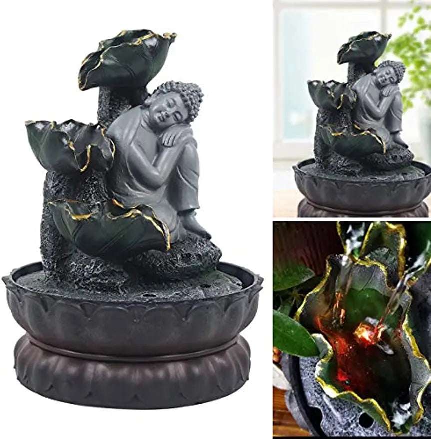 Handmade Sitting Sleeping Buddha Statue Running Water LED Fountain Zen Ornaments