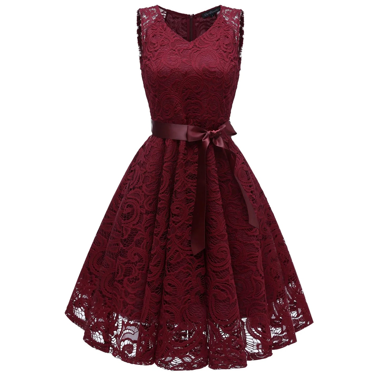 Women'S Lace Party Dress Summer Short Sleeve O Neck Swing High Waist B