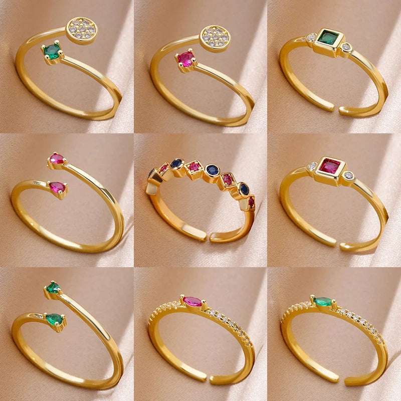 Mini Water Drop Zircon Rings For Women'Stainless Steel Gold Color Open Adjustable Wedding Ring Jewelry Christmas Birthday Gift