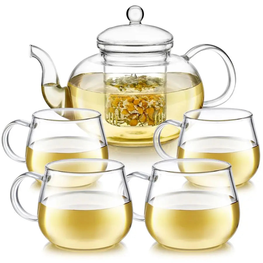 Heatproof Glass Teapot Set With Removable Loose Tea Infuser Standard Size 32Oz 946Ml And Four Borosilicate Glass Teacups 7Oz 207
