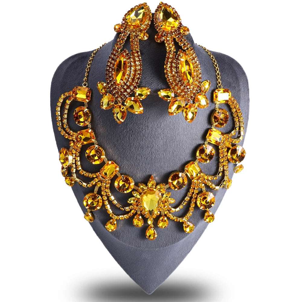 Stonefans Water Drop Tassel Necklace Earrings Sets Banquet for Women 2024 Statement Yellow Rhinestone Jewelry Set Bridal Gifts