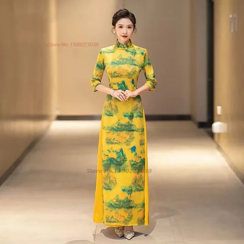 2025 chinese improved qipao dress vintage flower print cheongsam vietnam ao dai dress party dress oriental retro qipao