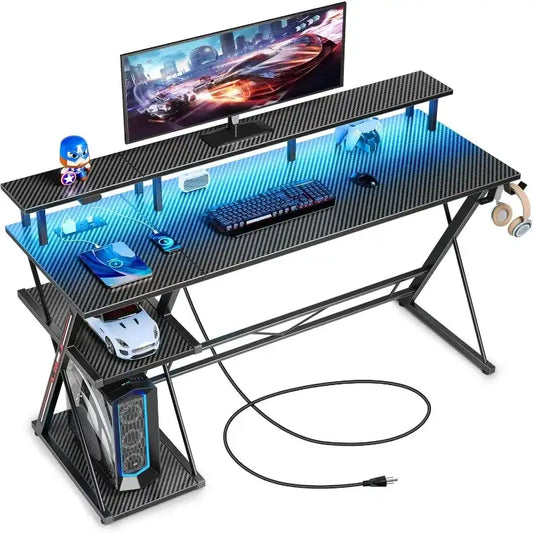 Gaming Desk with LED Lights & Power Outlets, 47" Computer Desk with Monitor Stand & Storage Shelf, Carbon Fiber Black