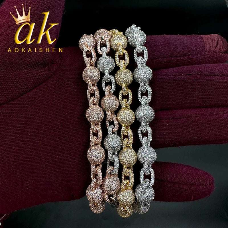 Aokaishen Beads Bracelet for Men Iced Out Charms Prong Setting Cuban Link Gold Plated Hip Hop Fashion Jewelry
