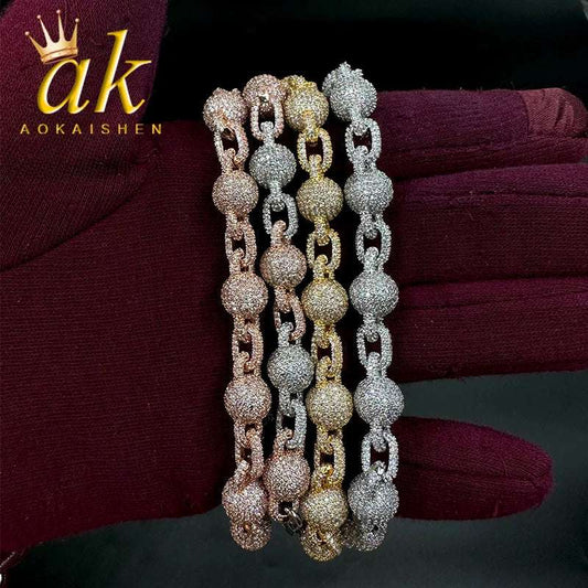 Aokaishen Beads Bracelet for Men Iced Out Charms Prong Setting Cuban Link Gold Plated Hip Hop Fashion Jewelry