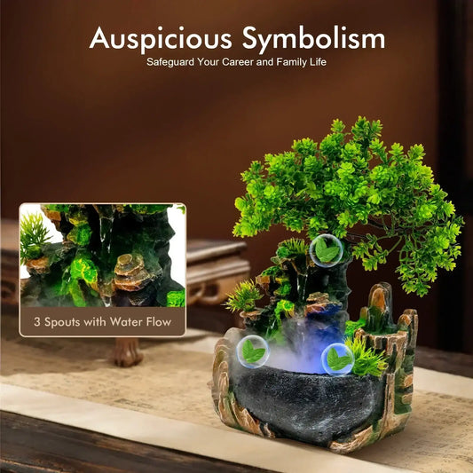 Led Lights Resin Rockery Flowing Water Fountain Office Desktop Ornaments With Nebulizer Home Decoration