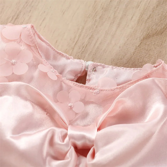 Infant Girls Sleeveless Dress with Floral Print Mesh Patchwork Bow Detail - Cute and Casual Solid Color Dress