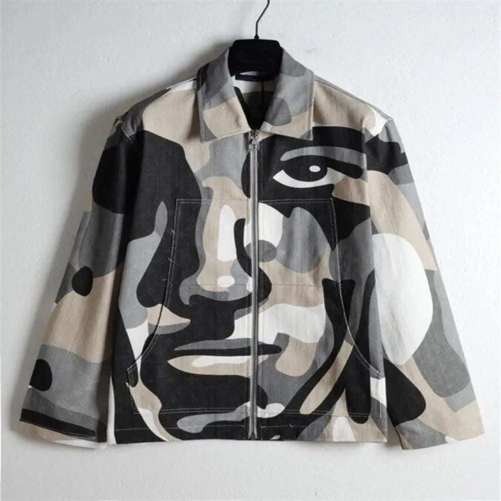 American Style New Retro Printed Slim Fit Long Sleeved Polo Collar Zipper Cardigan Jacket For Men'S