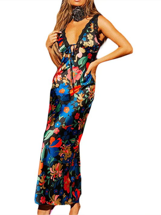 Womenlip Dress Sleeveless V-neck Flower Print Summer Dress Lace Patchwork Long Dress