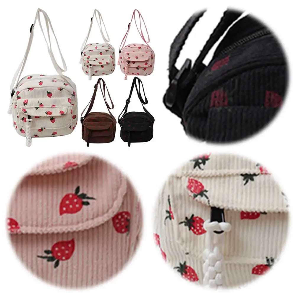 Cute Strawberry Shoulder Bag Corduroy Trendy Crossbody Bag Casual Zipper Messenger Bag for Women Girls Travel Work