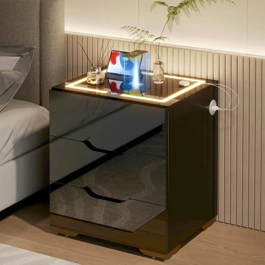 Nightstand with Wireless Charging Station & 2 USB, LED Smart Night Stand Bedside Table End Table with 3 Drawers,3 Color Dimmable
