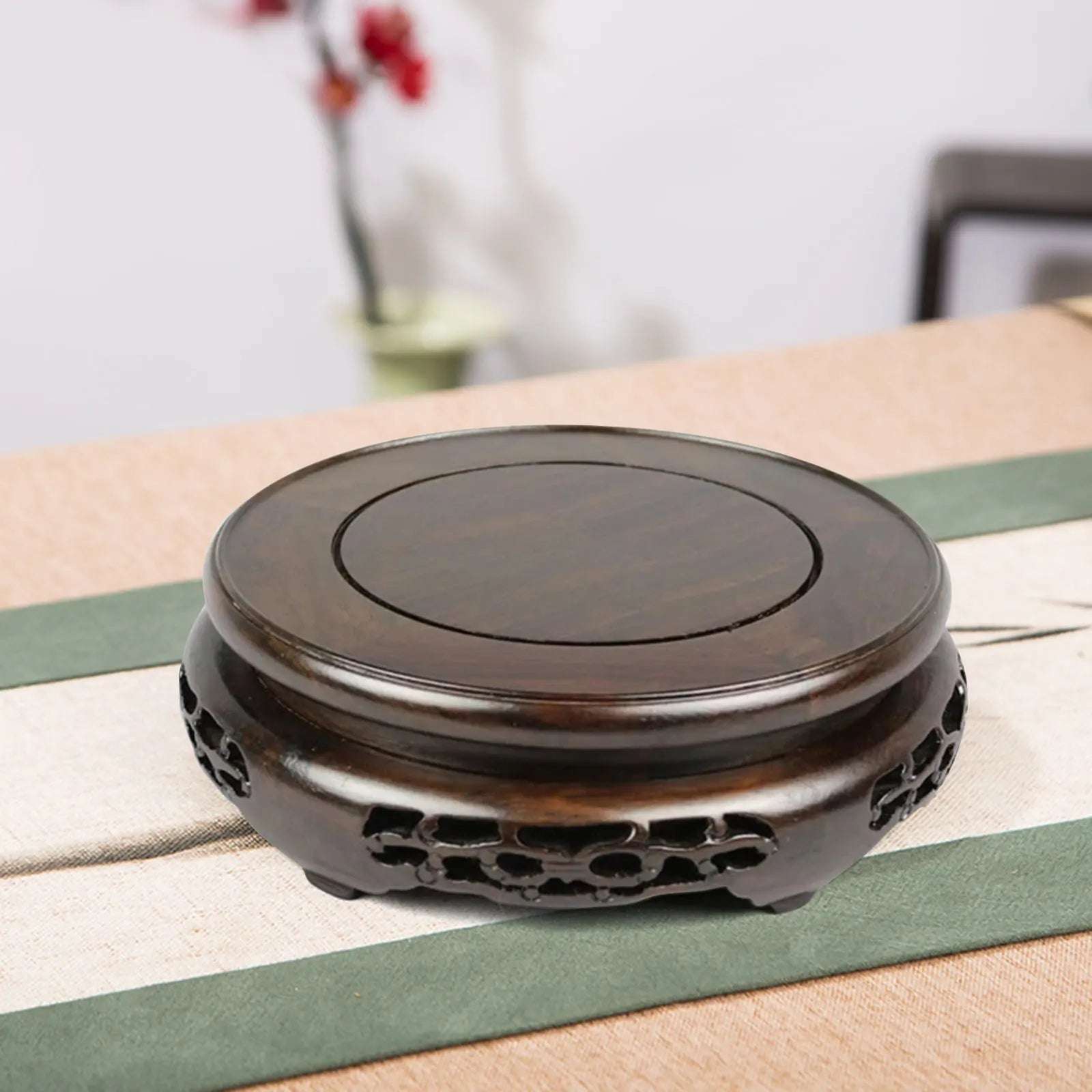 Chinese Wooden Display Stand Hand Carved Round Pedestal Bonsai Teapot Vase Base Durable and Firm Place Vases and Bonsai