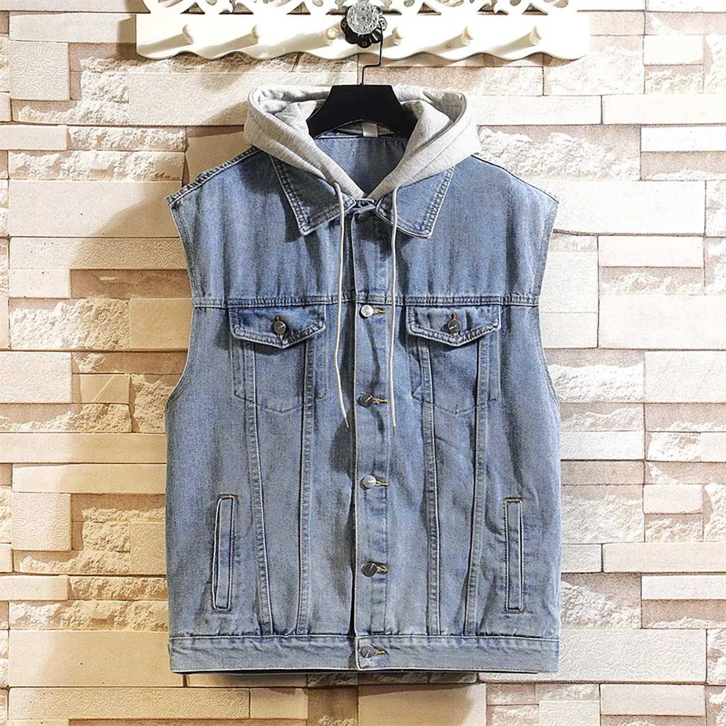 Men'S Casual Fashion Sleeveless Denim Hooded Vest Classic Street Solid Color Single-Breasted Jeans Jacket Vest Streetwear