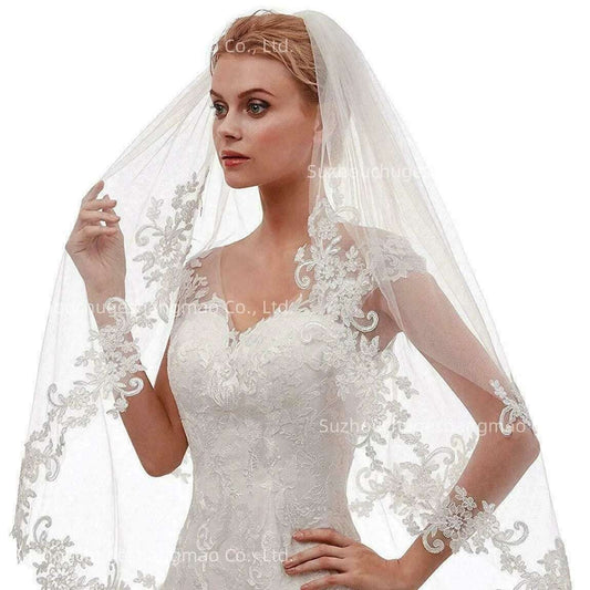 2025 Hot Sell Wedding Veil Double Lace Veil Short Bridal Veils Two Layers Bride Wedding Veils White Ivory