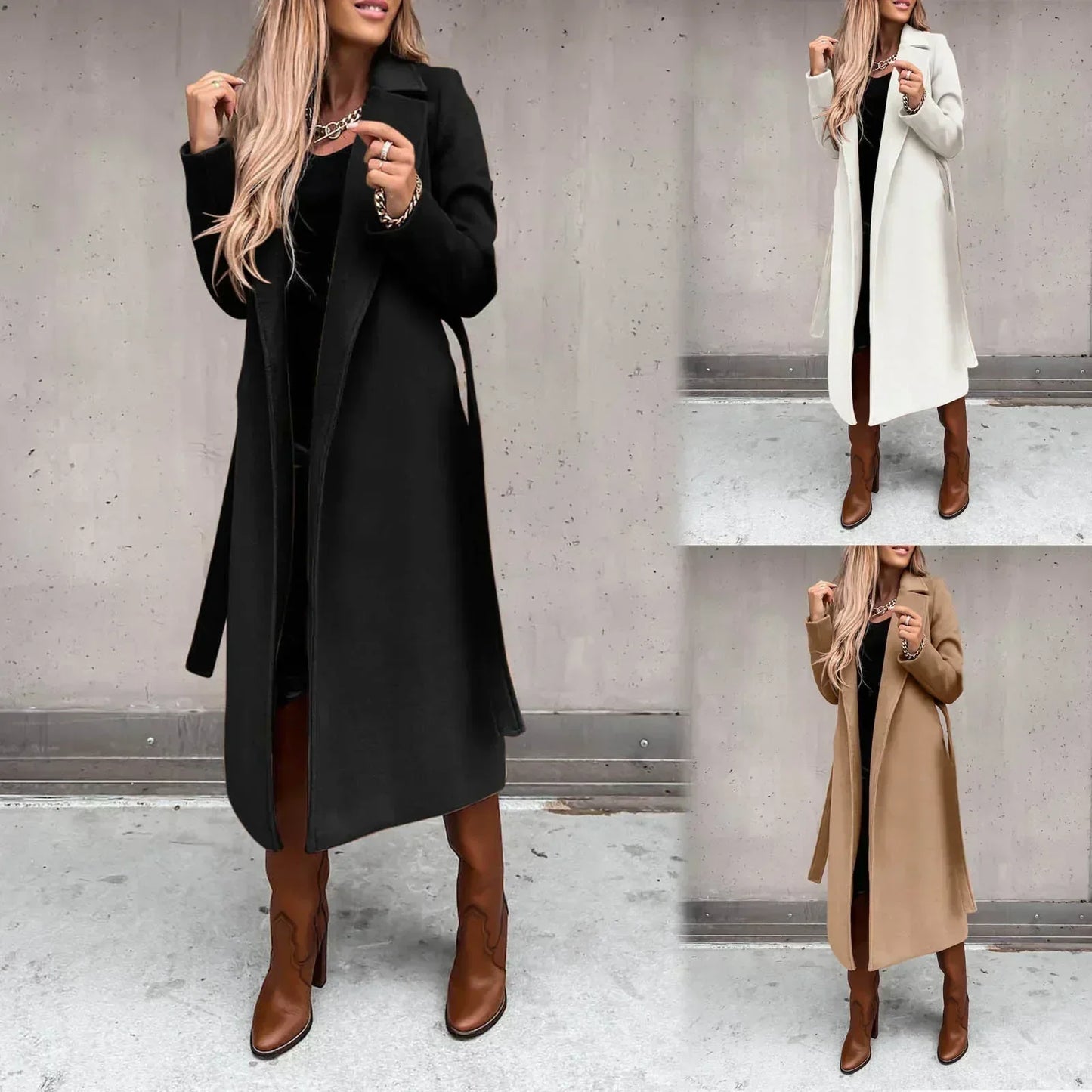 Women'S Faux Wool Coat Blouse Thin Coats Trench Long Jacket Ladies Slim Long Belt Overcoat Outwear Winter Warm Jacket L5