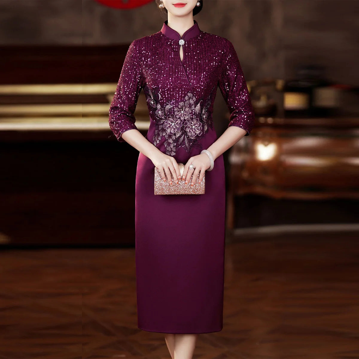 2026 New Cheongsam Evening Gown Women'S Elegant Shiny Sequin 3D Floral