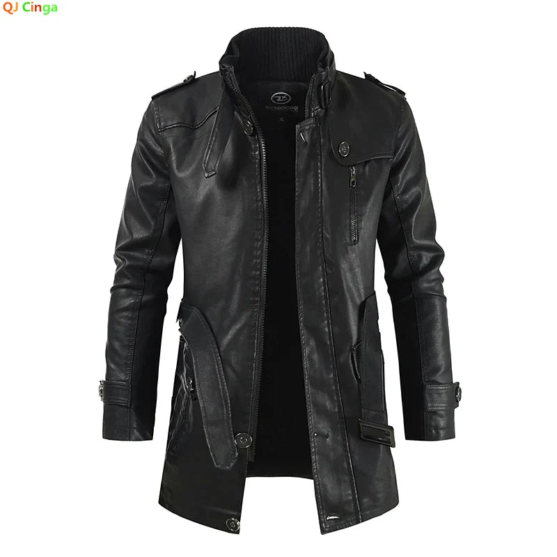 Winter Men's Thick Fleece Leather Jacket Coat Long Outwear Fashion Warm Casual