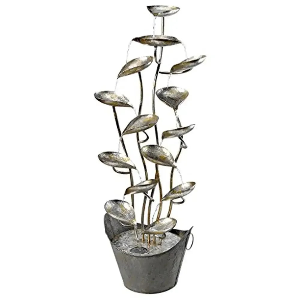 4-Ft Tall Rain Forest Leaves Garden Metal Water Fountain Outdoor Feature Silver Self Contained Adjustable Pump Beautiful and