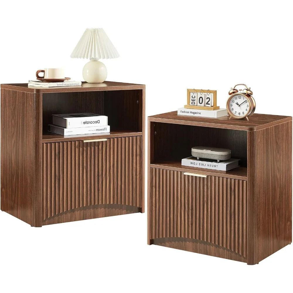 Fluted Nightstand Set of 2, Walnut Bedside Table with Drawer and Storage, Wood Night Stand, Large End Table for Bedroom