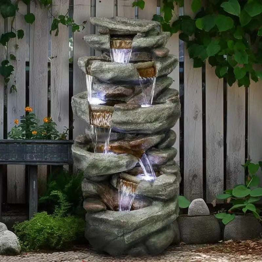 High Rocks Outdoor Water Fountain - 6-Tiers Cascading Waterfall with LED Lights, Soothing Tranquility for Home Garden,