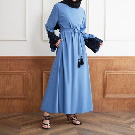 Fashion Muslim Dress Dubai Full Length Sleeve Soft Abaya Dubai Turkey Muslim Islam Robe Tassel Tie Waist Dresses
