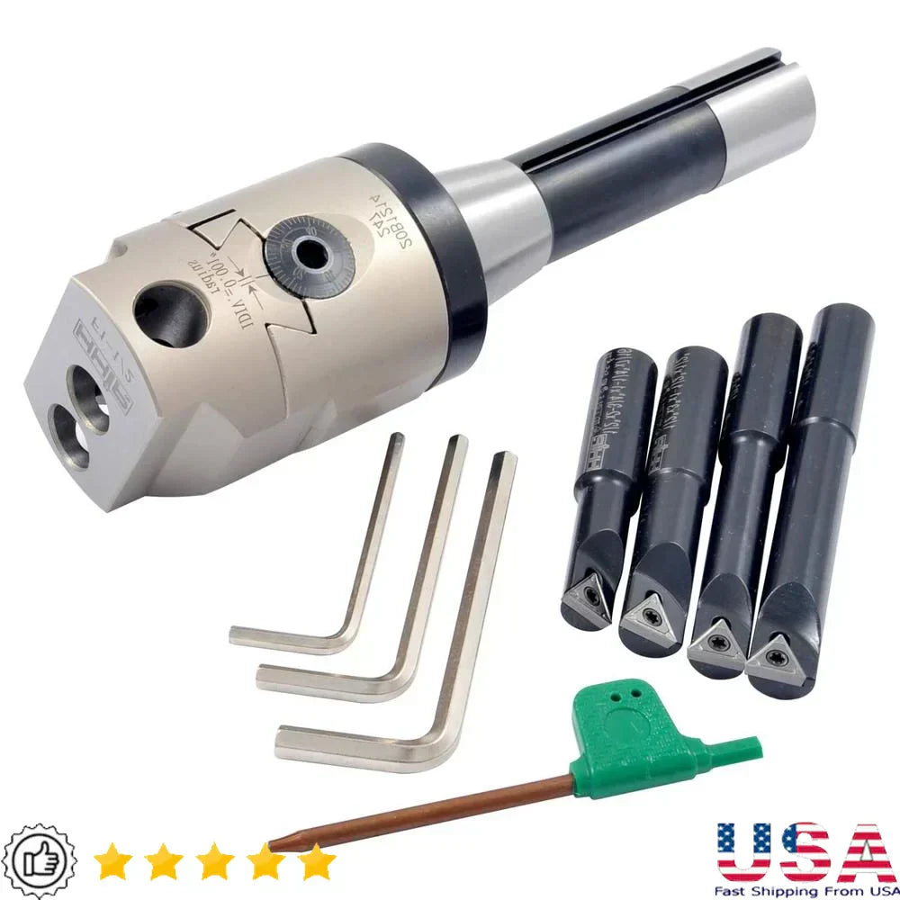 Indexable Tool Set with R8 Shank 2" Boring Head and 4 Boring Bars Precision Boring 1-1/2"-18 Threaded Back Micrometer Lead Screw