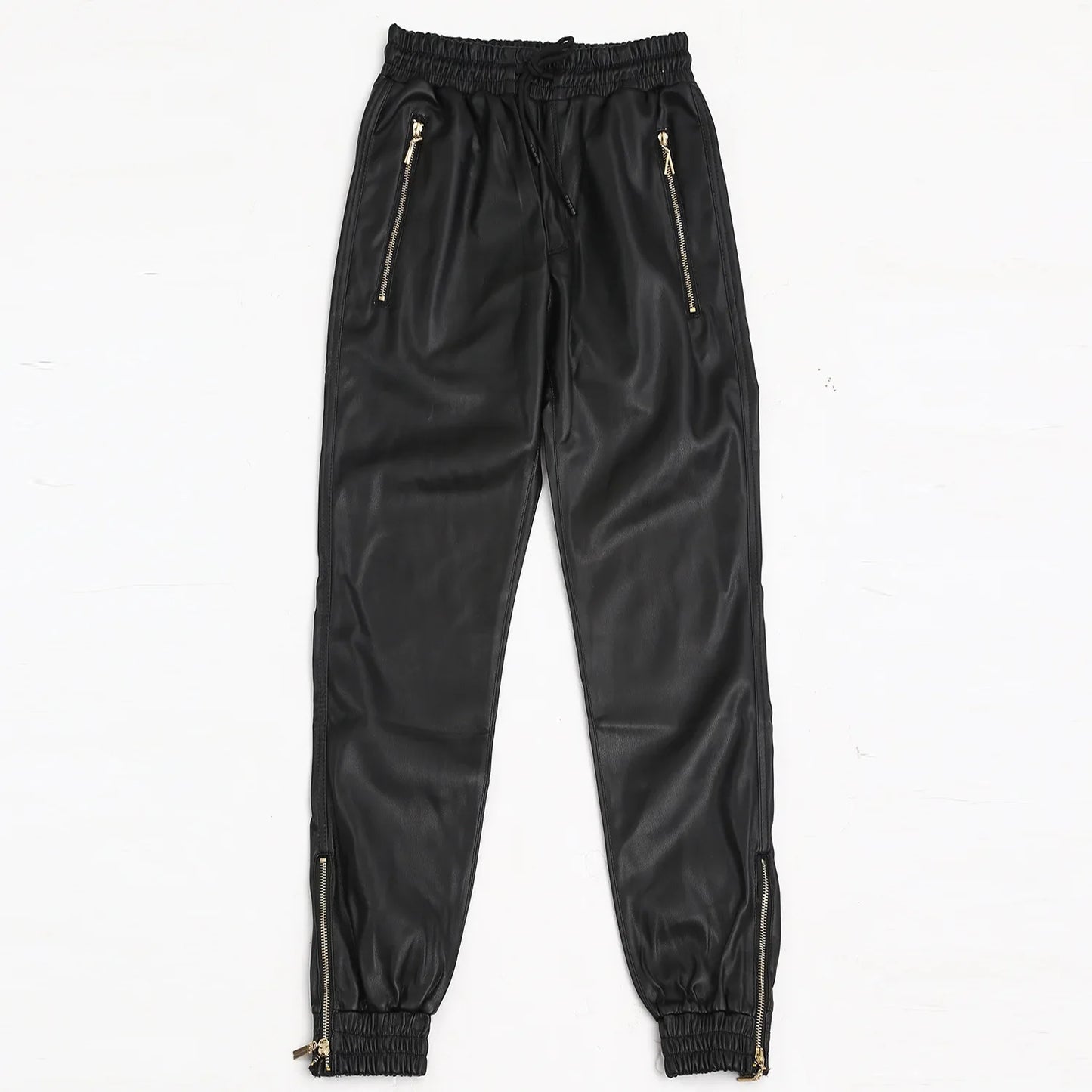 #2209 Autumn Winter Motorcycle Jogger Pants Casual Pencil Harem Faux Leather Pants Men Zipper Elastic Waist Stretch PU Pants