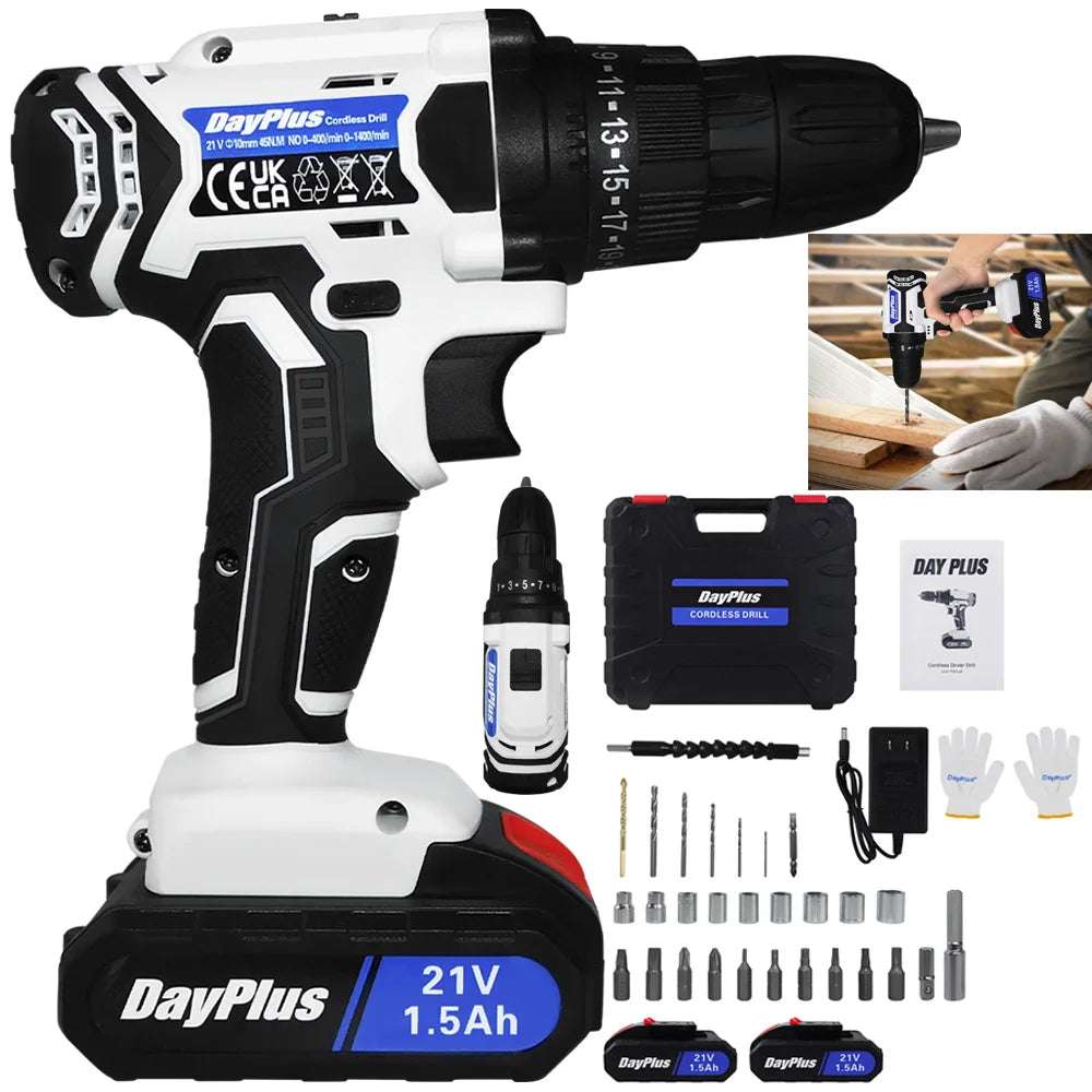 Day Plus Cordless Drill Set Electric Screwdriver Drill Set with 2-Variable Speed, 25+1 Torque,21V Li-ion Battery & Fast Charger