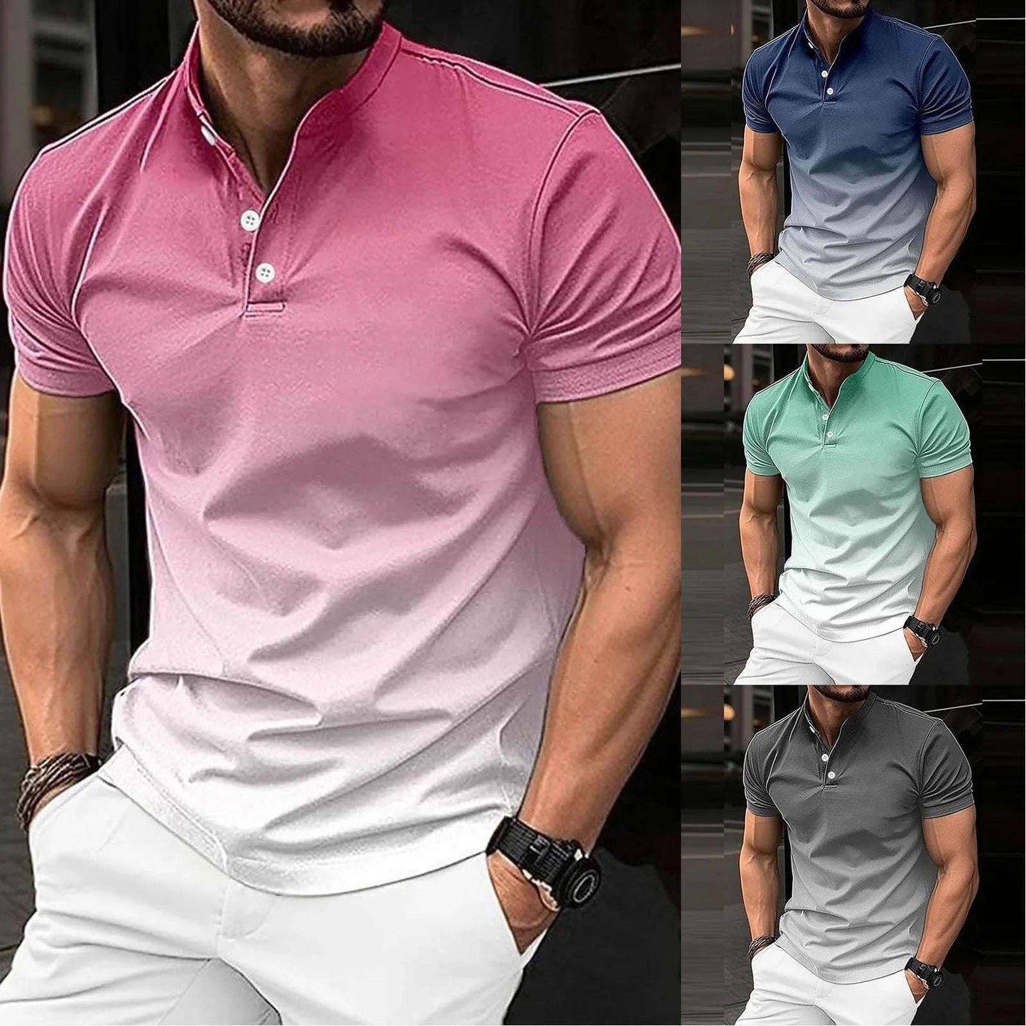 Men'S Gradient Casual Short Sleeve Shirt - Korean Slim Fit Retro Style