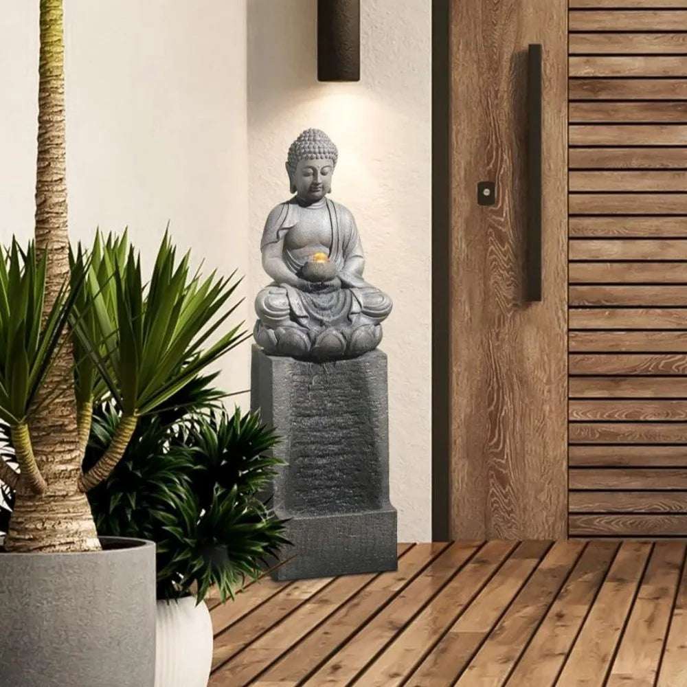 Resin Buddha Statue with LED Lights, Meditation Buddha Statue, Courtyard Fountain, Zen Inspired Decoration, Gray, 35"