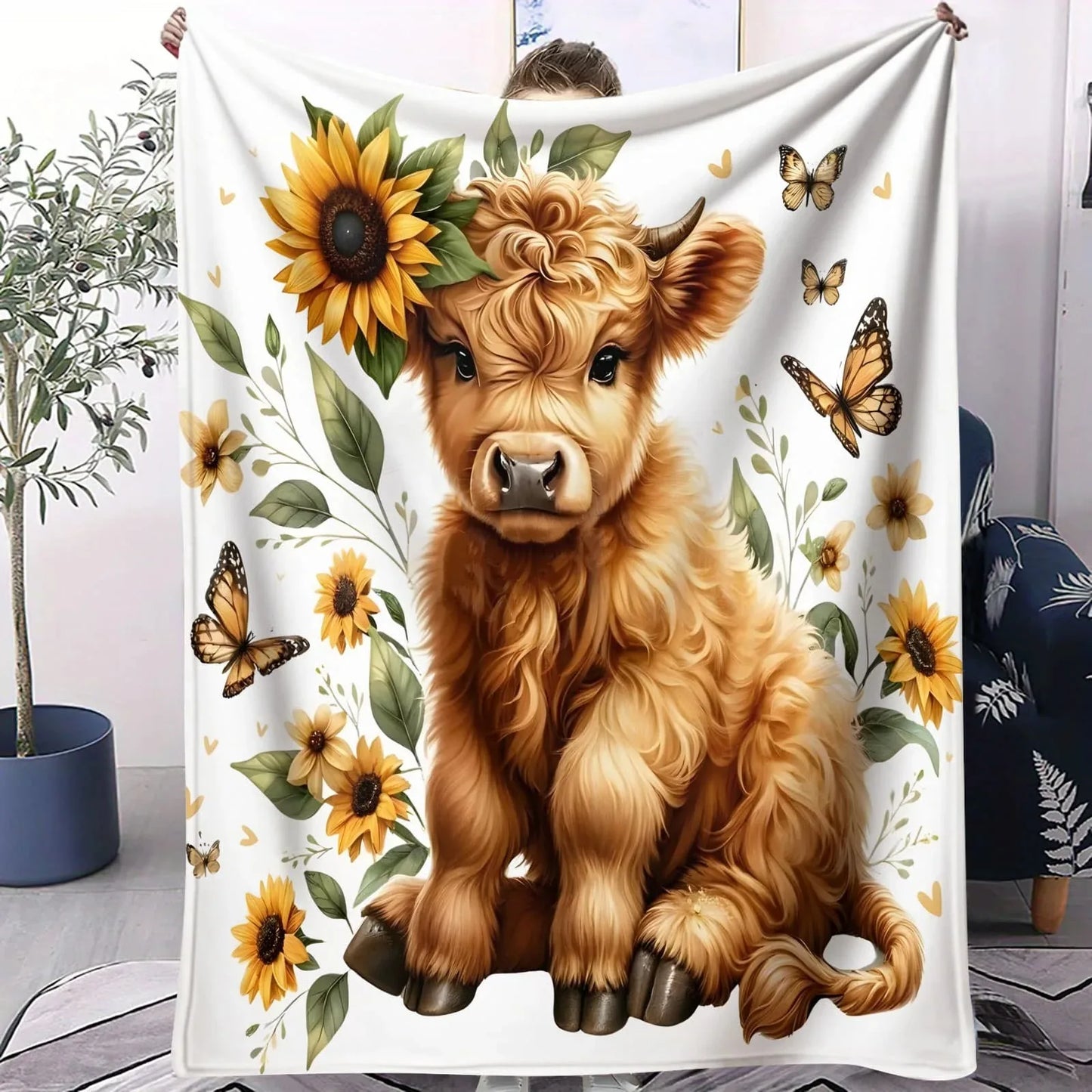Forest Healing Highland Cow Flannel Blanket Sunflower Butterfly Bedroom Throw Sofa Leisure Blanket Mothers Kids Family Nature