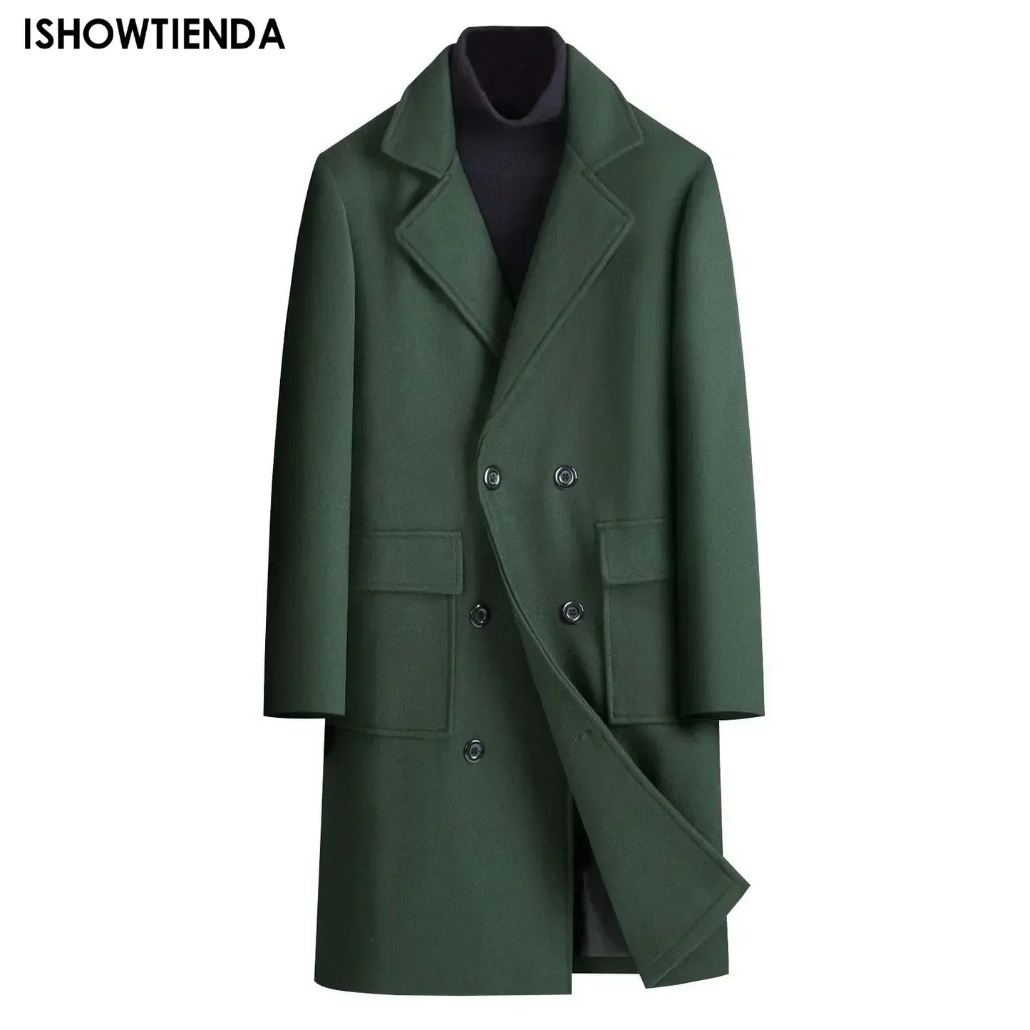 Men'S Coat Men'S Long Leisure Coat With Lapel Two-Button Placket Solid Color Windbreaker Outwear With Pockets For Mid-Length Men'S