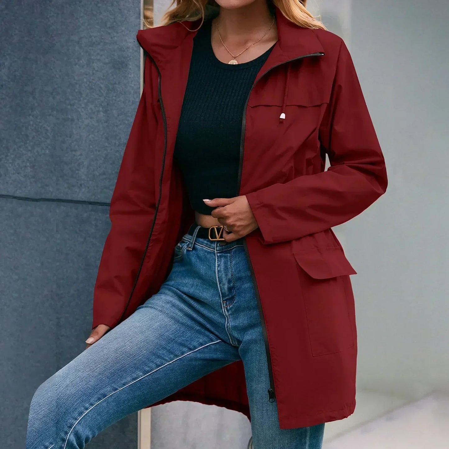 Women'S Light Rain Jacket Waterproof Active Outdoor Trench Raincoat With Hood Ladies Lightweight Windproof Windbreaker