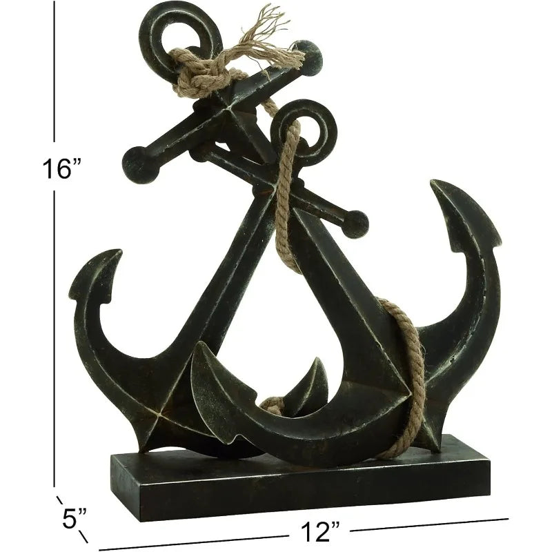 79 Metal Anchor Decorative Sculpture Home Statue with Jute Rope Accents, Accent Figurine 12" x 5" x 16", Black