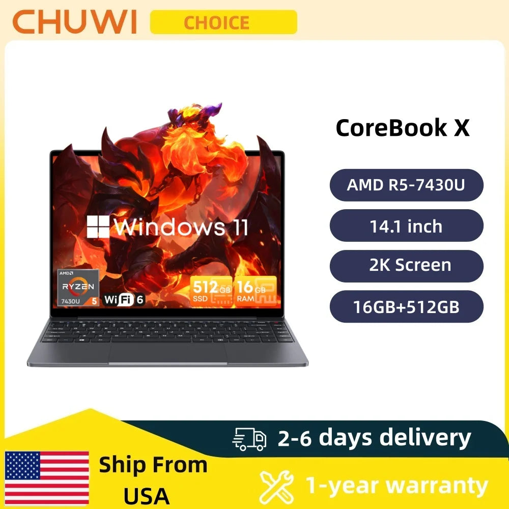 Chuwi Corebook X Gaming Laptop 14.1 Inch 2K Ips Screen Amd R5-7430U 16Gb Ddr4 Ram 512Gb Ssd Windows 11 Wifi6 Notebook Computer