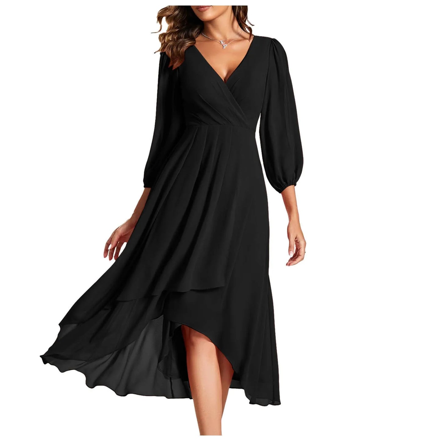 Chiffon Flowy Tiered Dresses For Women Wedding Guest V Neck Long Sleev
