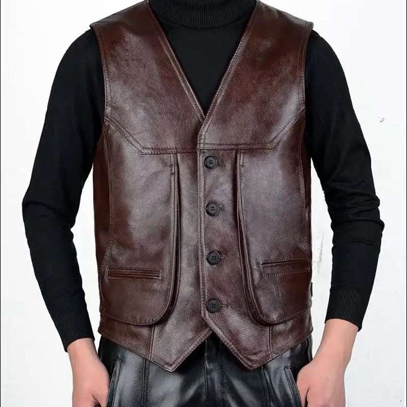 New Arrival Cowhide Genuine Leather Vest Motorcycle Mens Slim Fit Real Brown Cow Leather Waistcoat Bikers Vest Size L-8XL jacket