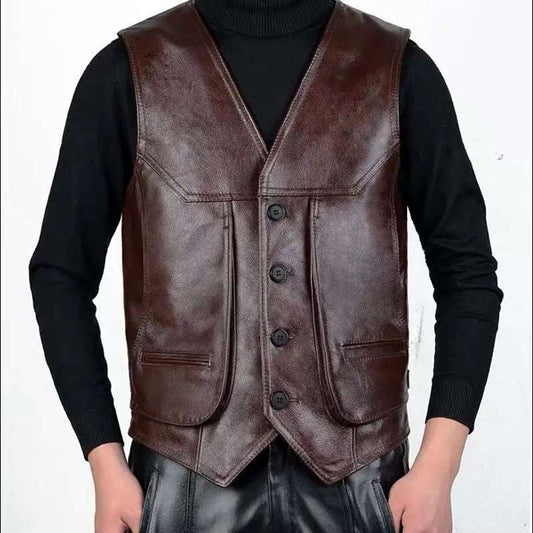 New Arrival Cowhide Genuine Leather Vest Motorcycle Mens Slim Fit Real Brown Cow Leather Waistcoat Bikers Vest Size L-8XL jacket