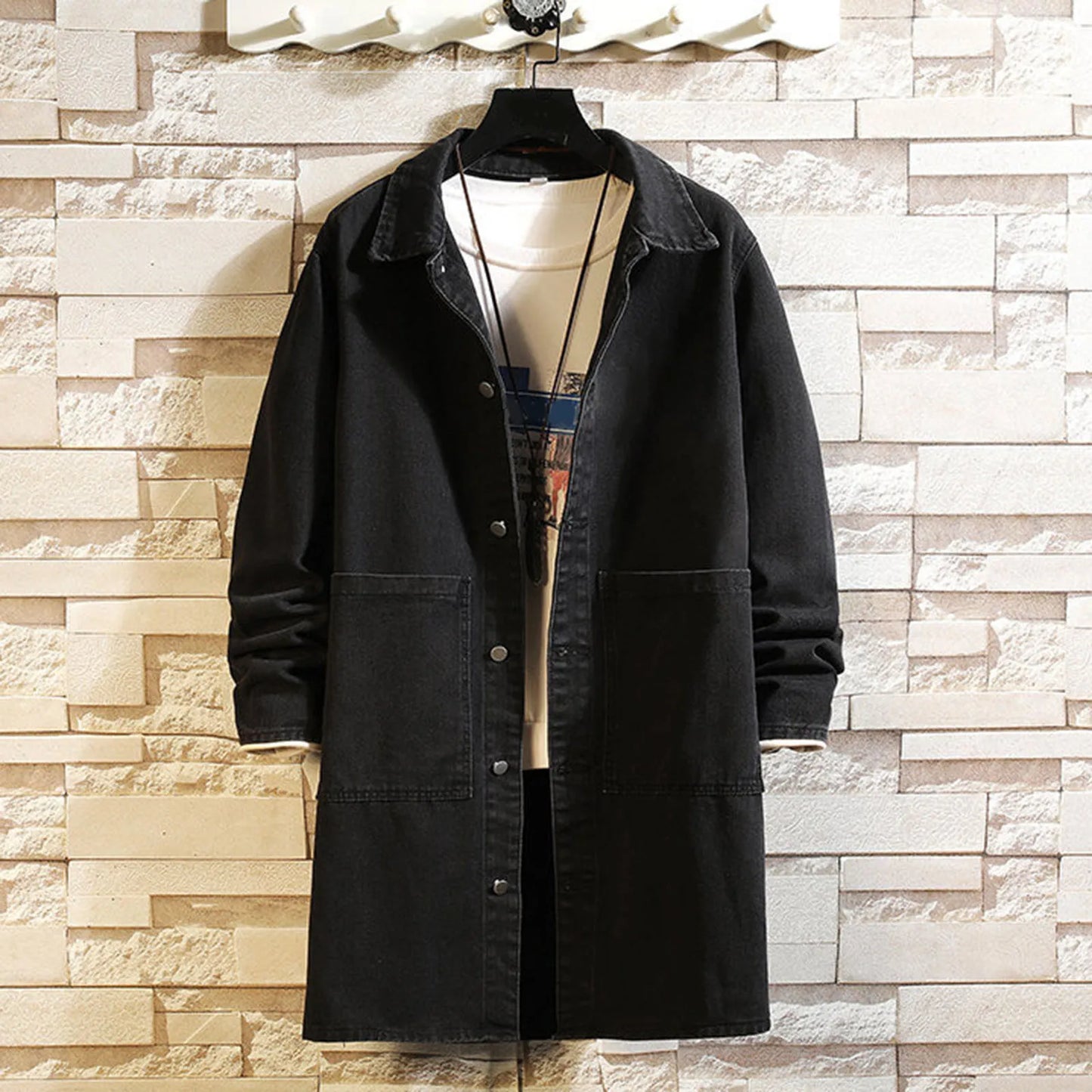 Denim Trench Coat Male Long Jakcets Pockets Long Sleeve Soild Jacket Button Lapel Casual Overcoat For Men'S Outdoor Ropa Hombre