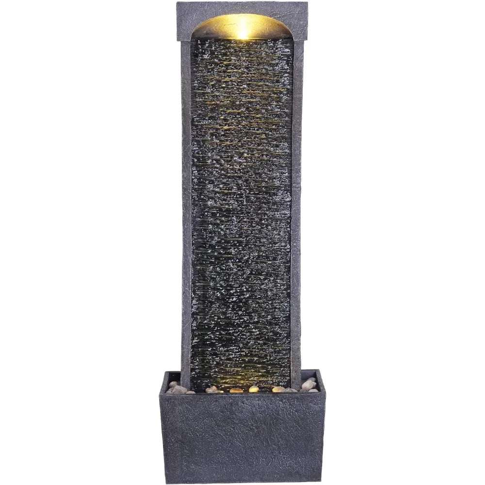 Modern Curved Artificial Slate Waterfall Fountain, Suitable For Indoor Or Outdoor Use, With Led Lights And 1.98 Gallon Pump